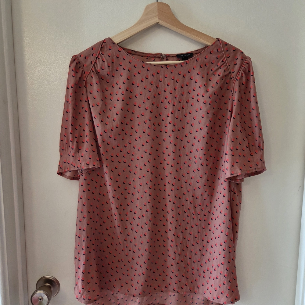 Ann Taylor Pink Polka Dot Blouse L